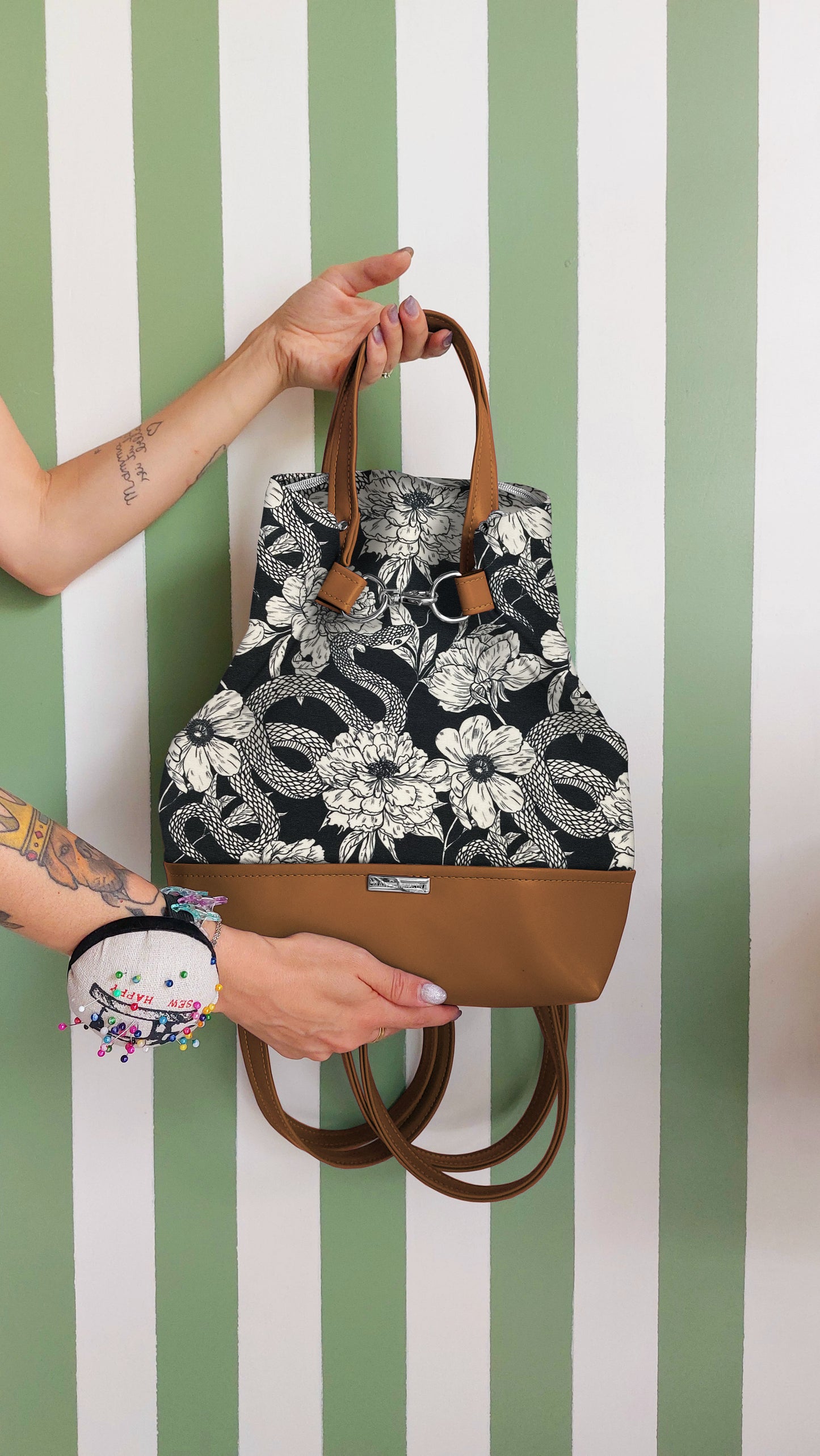 BORSA ZAINO 3 IN 1 cuoio / fiori serpenti