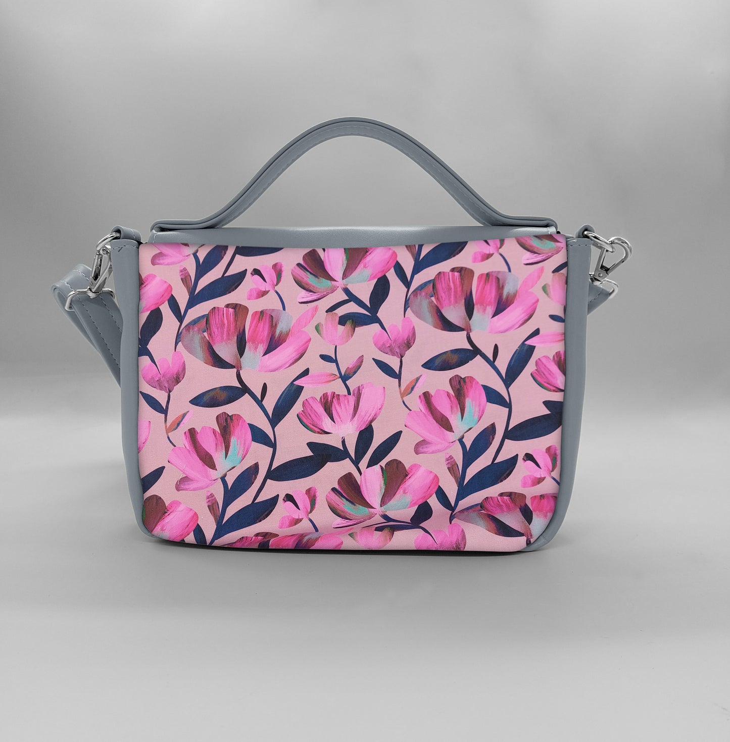 "DOTTY" VEGAN mini SIMILPELLE grigio / fiori fucsia