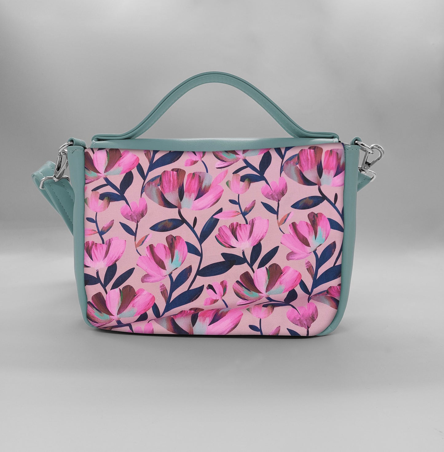 "DOTTY" VEGAN mini SIMILPELLE verde pastello fiori fucsia