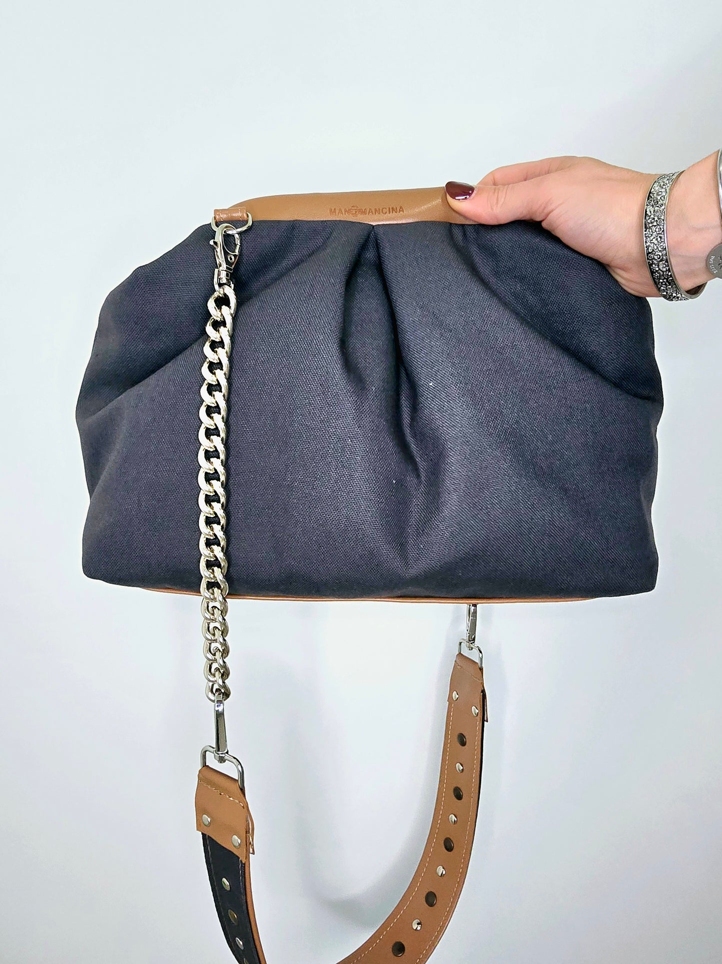 BORSA CLIC CLAC cuoio/borchie tracolla/canvas grigio