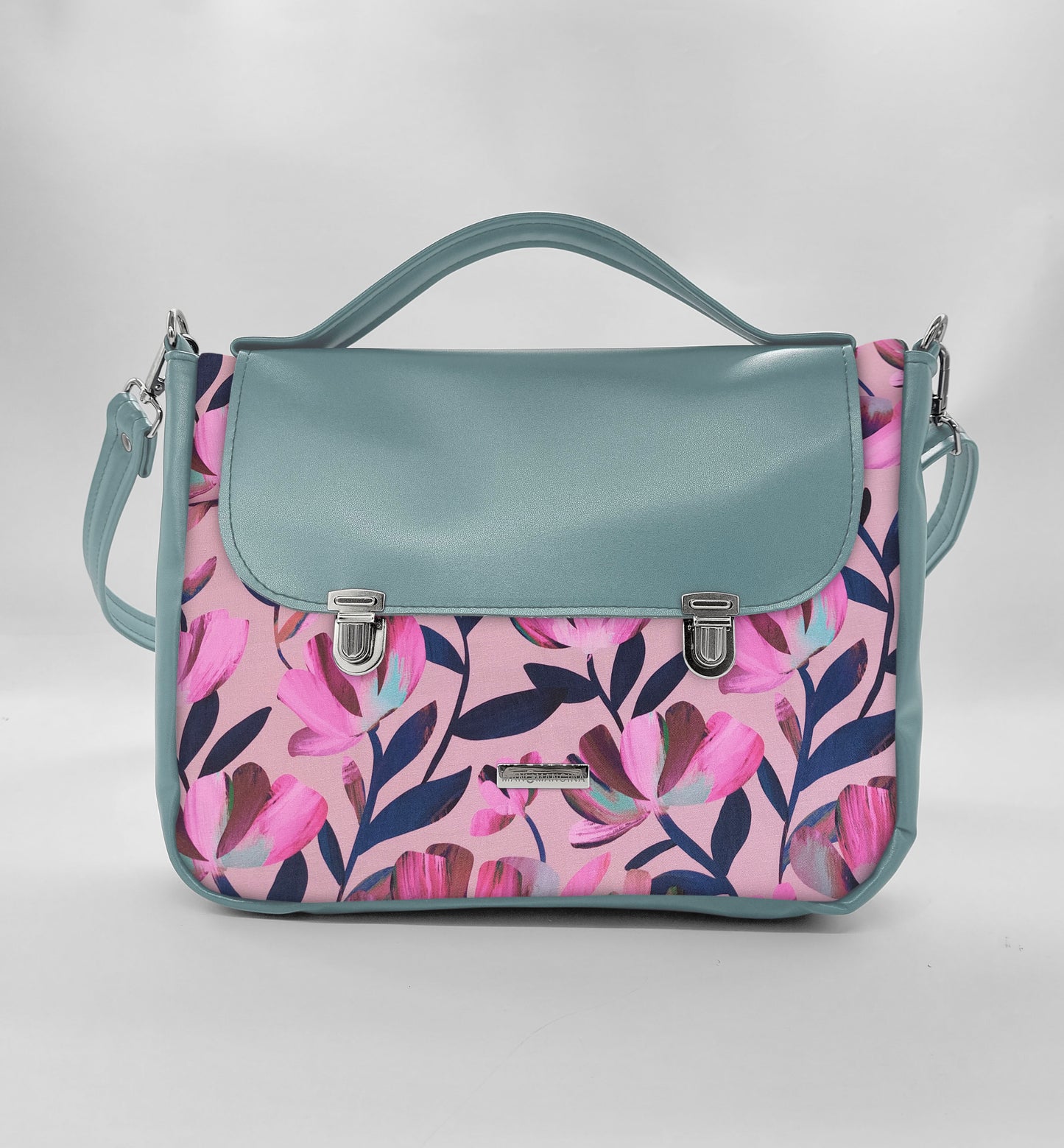 "DOTTY" VEGAN midi SIMILPELLE verde pastello/fiori fucsia