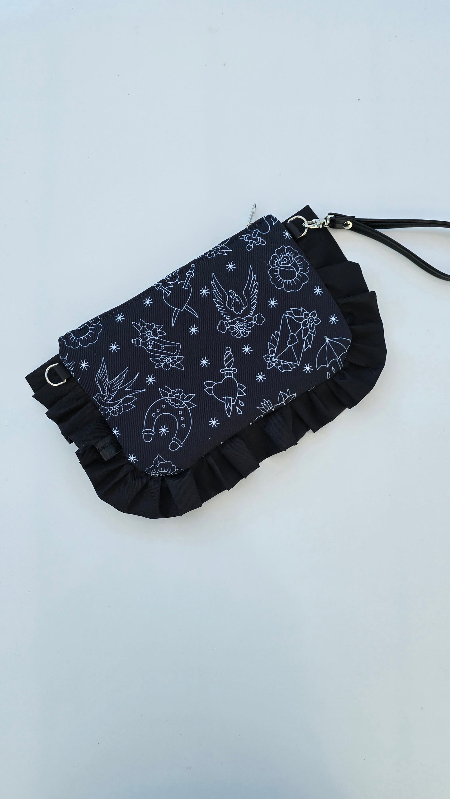 "MIRTA" pochette con rouches TATTOO BLACK
