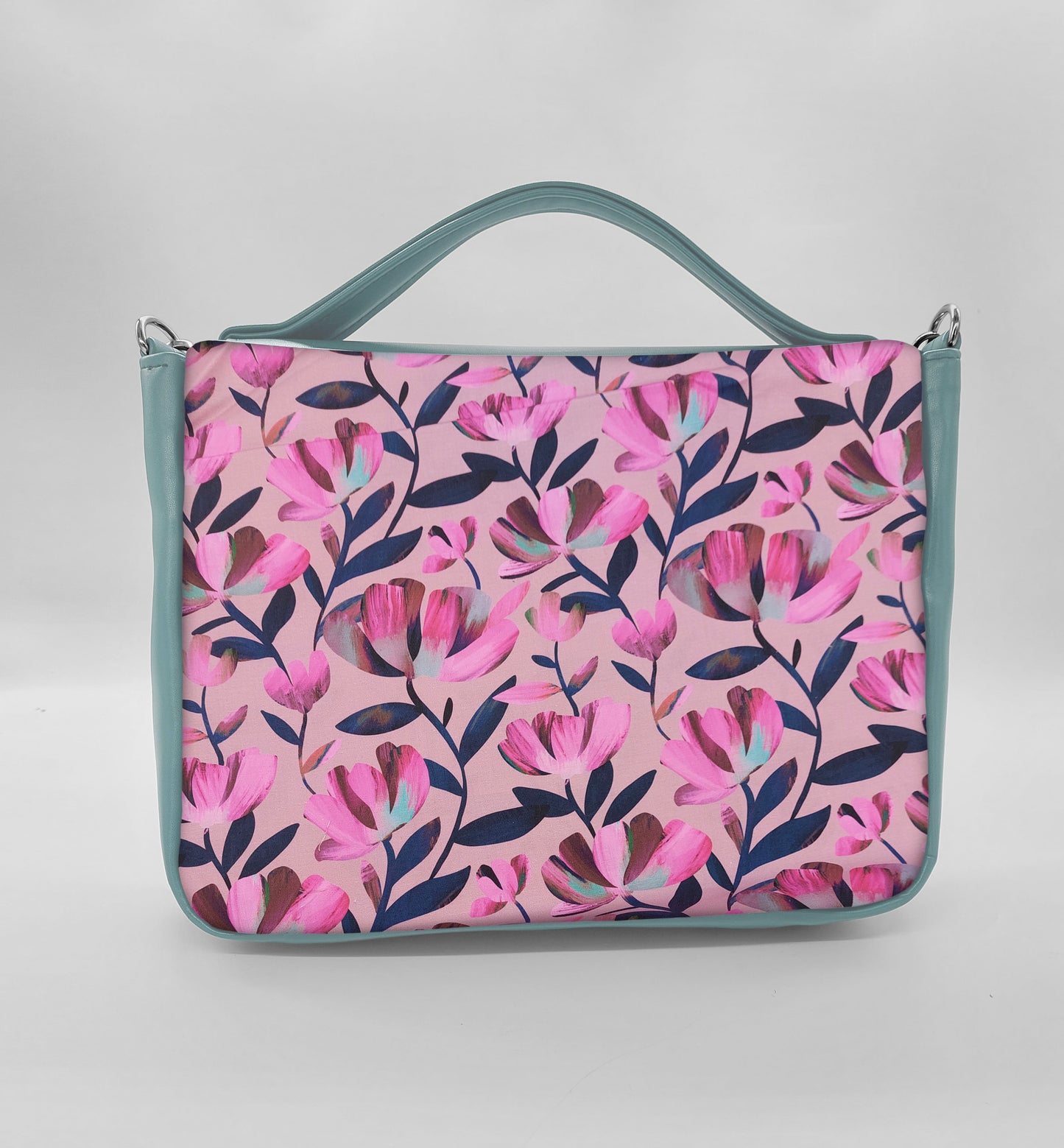 "DOTTY" VEGAN midi SIMILPELLE verde pastello/fiori fucsia