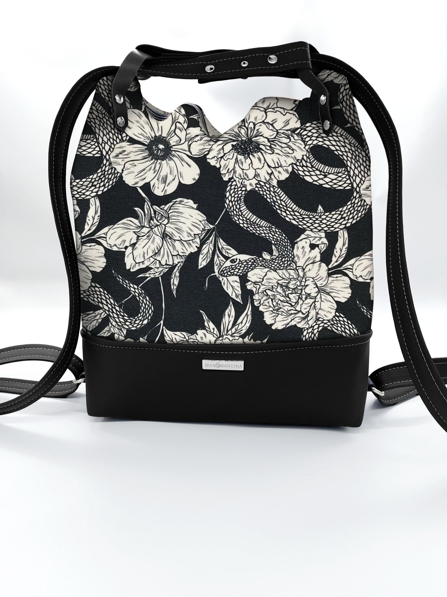 BORSA/ZAINO "BETTA" 2 IN 1 - NERO / fiori serpenti