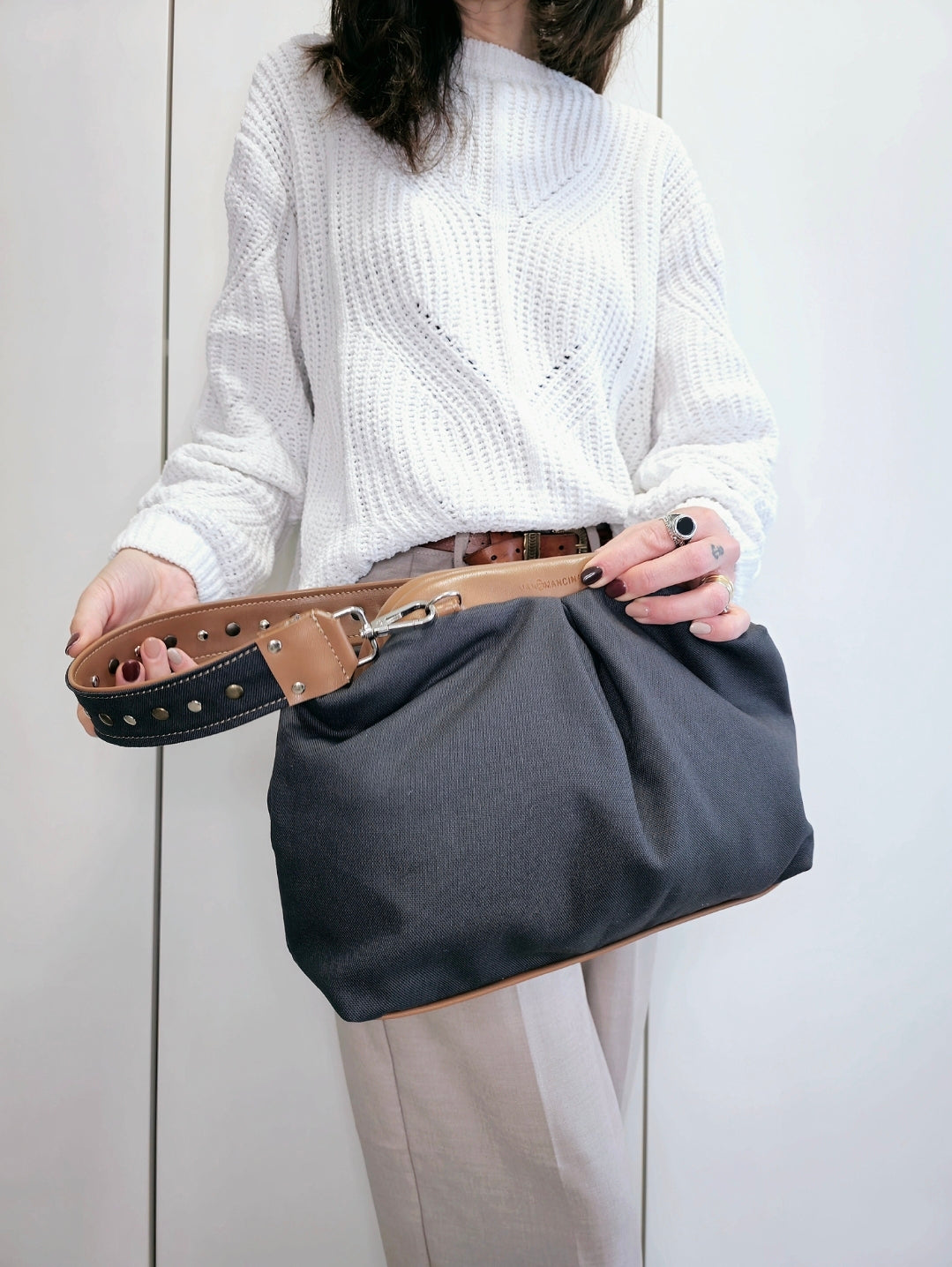 BORSA CLIC CLAC cuoio/borchie tracolla/canvas grigio