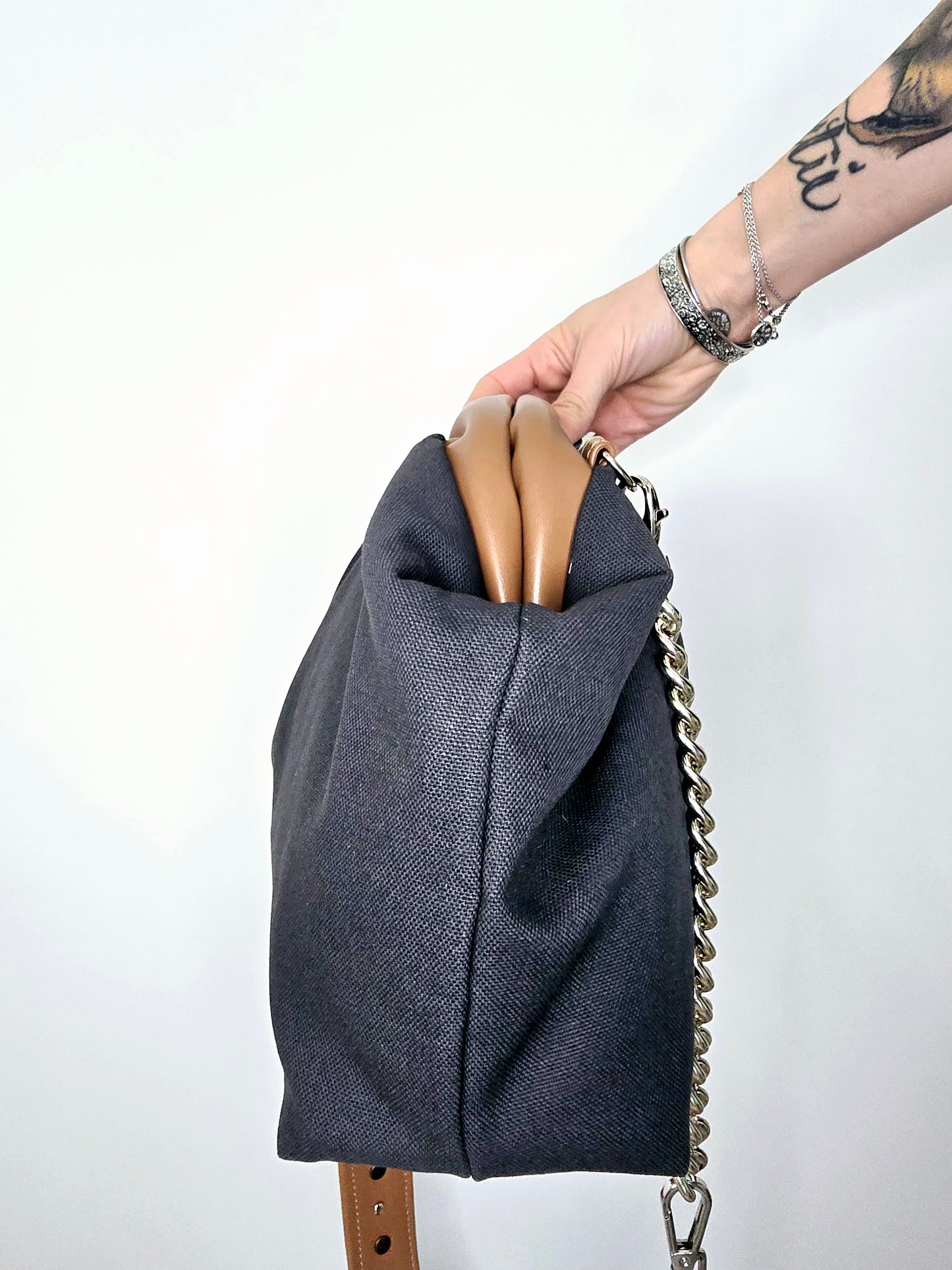 BORSA CLIC CLAC cuoio/borchie tracolla/canvas grigio