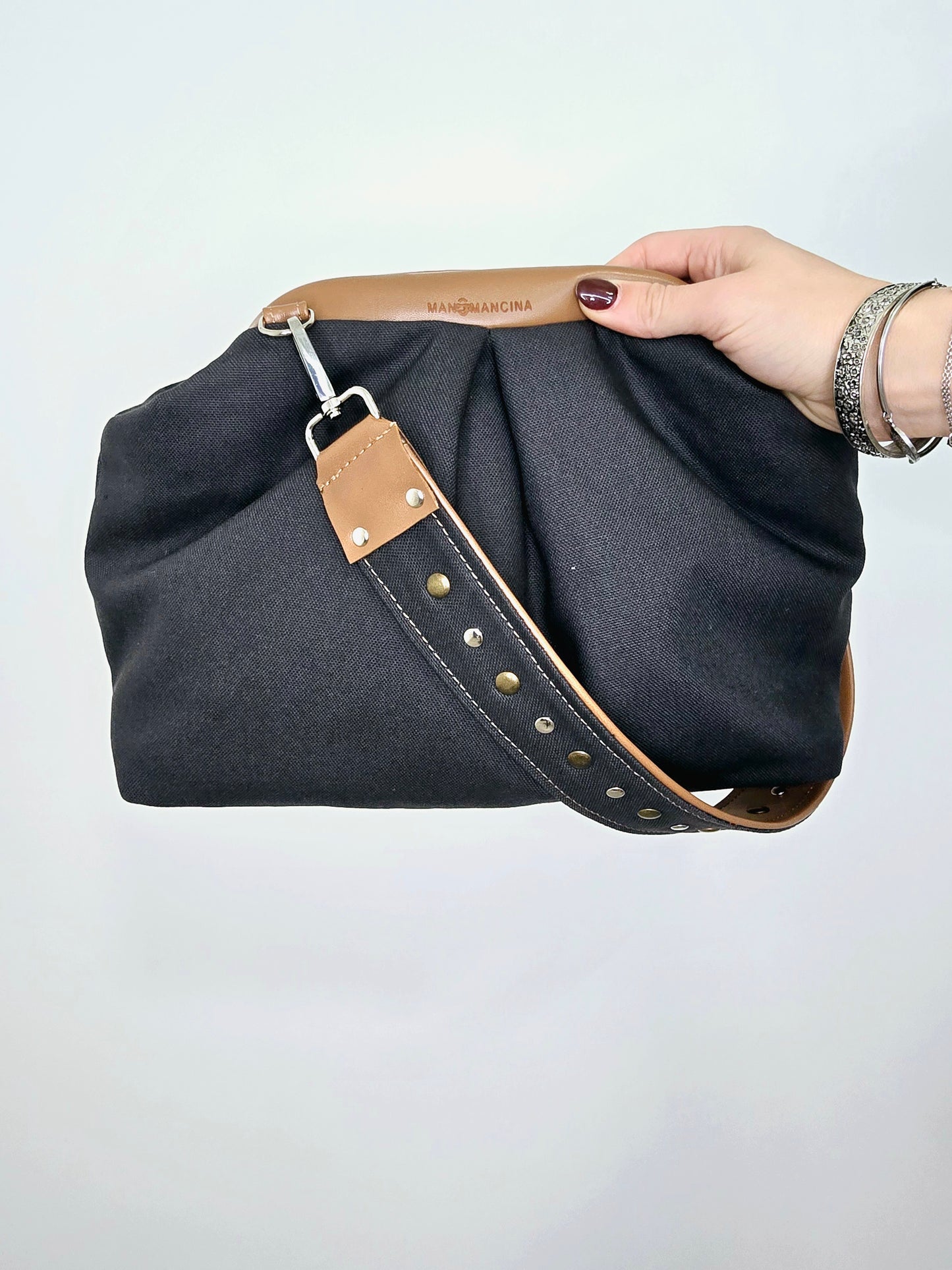 BORSA CLIC CLAC cuoio/borchie tracolla/canvas grigio