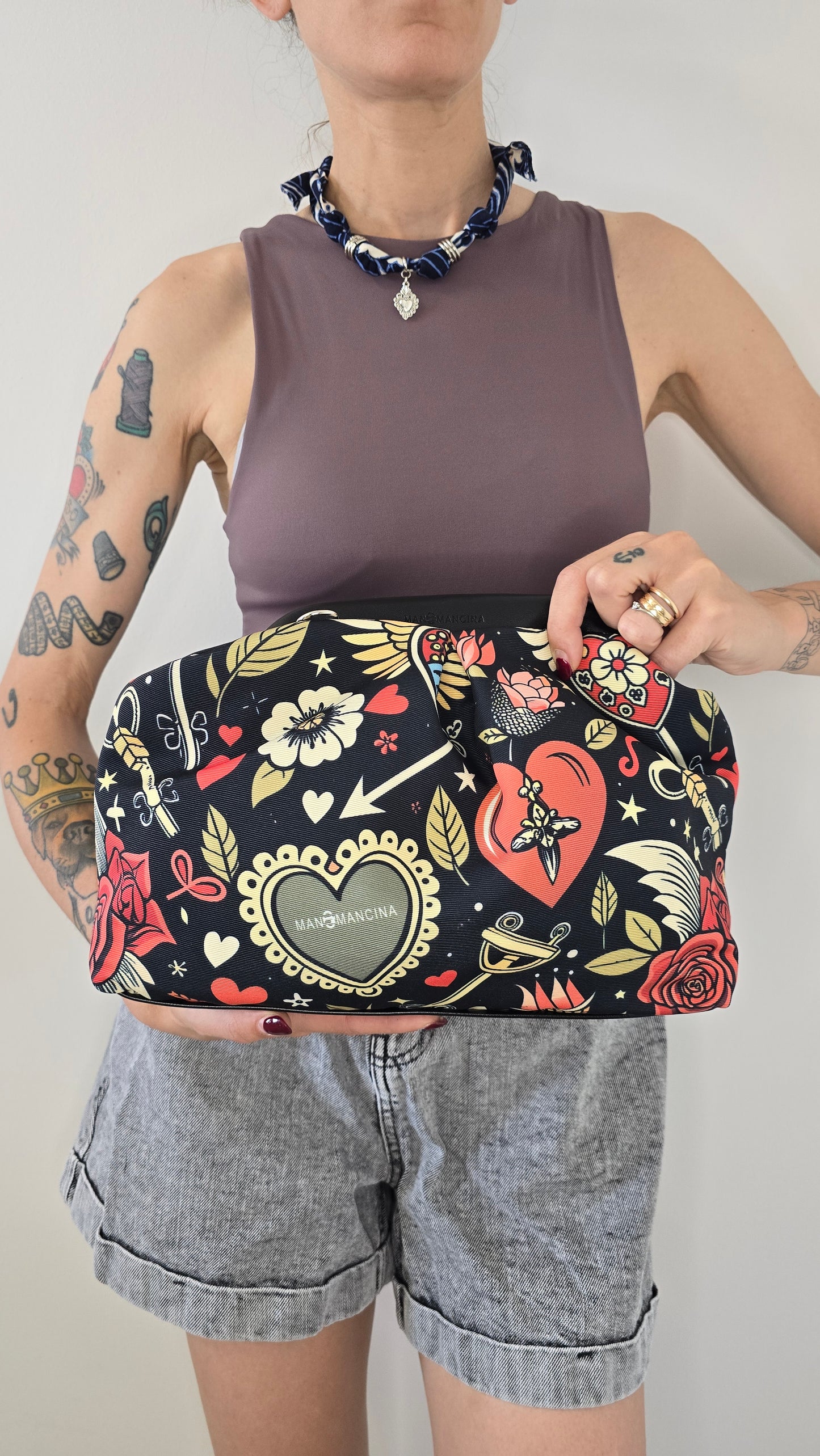 BORSA CLIC CLAC tracolla regolabile nero/tattoo love