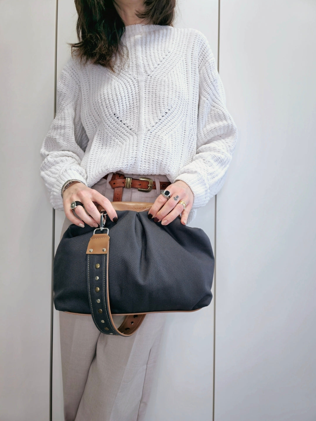 BORSA CLIC CLAC cuoio/borchie tracolla/canvas grigio
