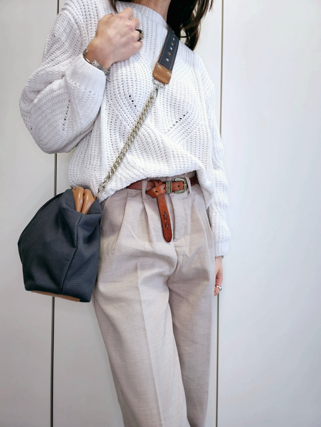 BORSA CLIC CLAC cuoio/borchie tracolla/canvas grigio
