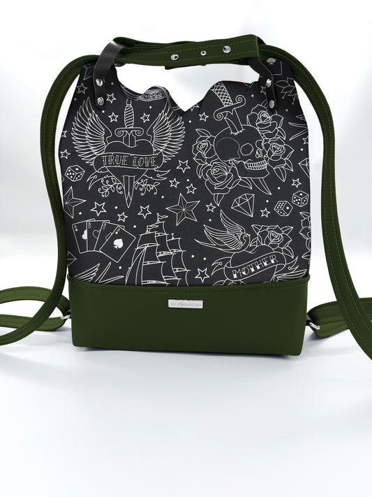 BORSA/ZAINO "BETTA" 2 IN 1 -VERDE / tattoo black