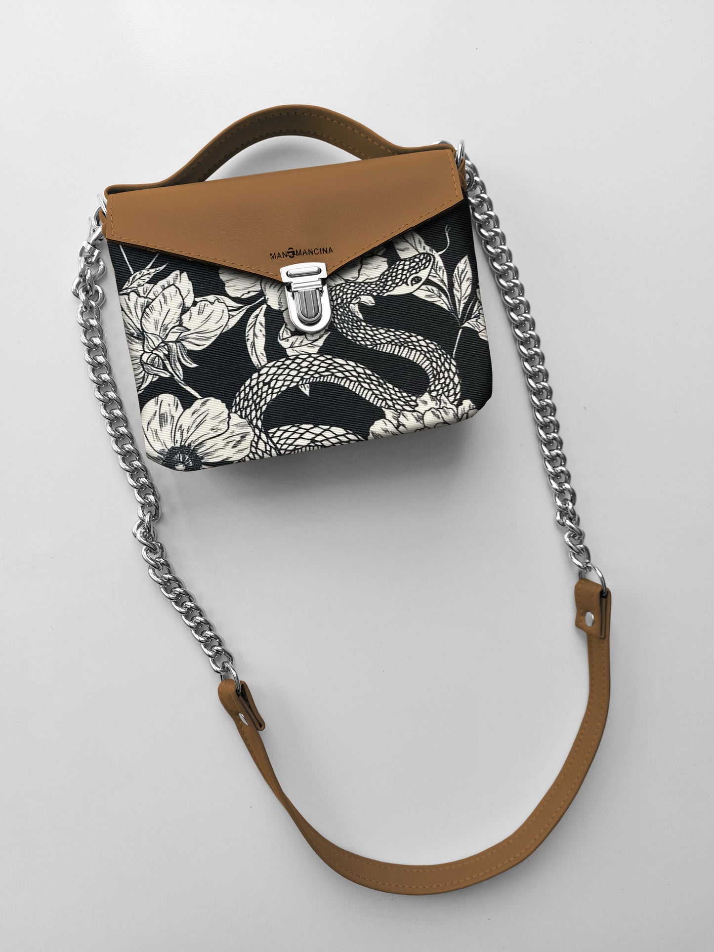 BORSETTA cuoio / fiori serpenti