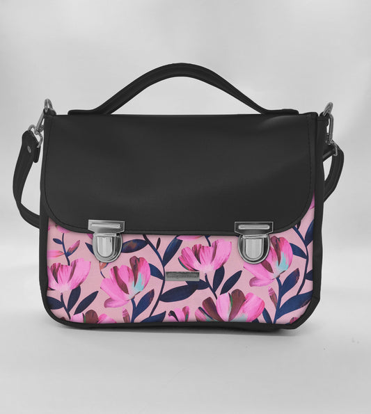 "DOTTY" VEGAN maxi SIMILPELLE nero/flowers fucsia