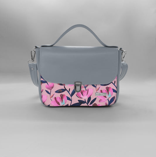 "DOTTY" VEGAN mini SIMILPELLE grigio / fiori fucsia