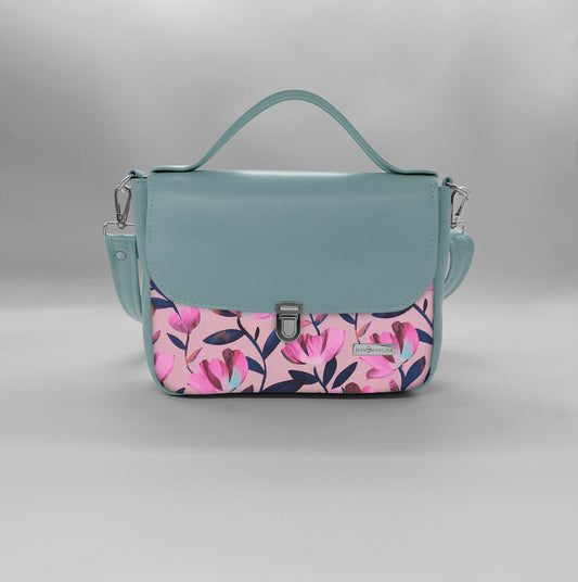 "DOTTY" VEGAN mini SIMILPELLE verde pastello fiori fucsia