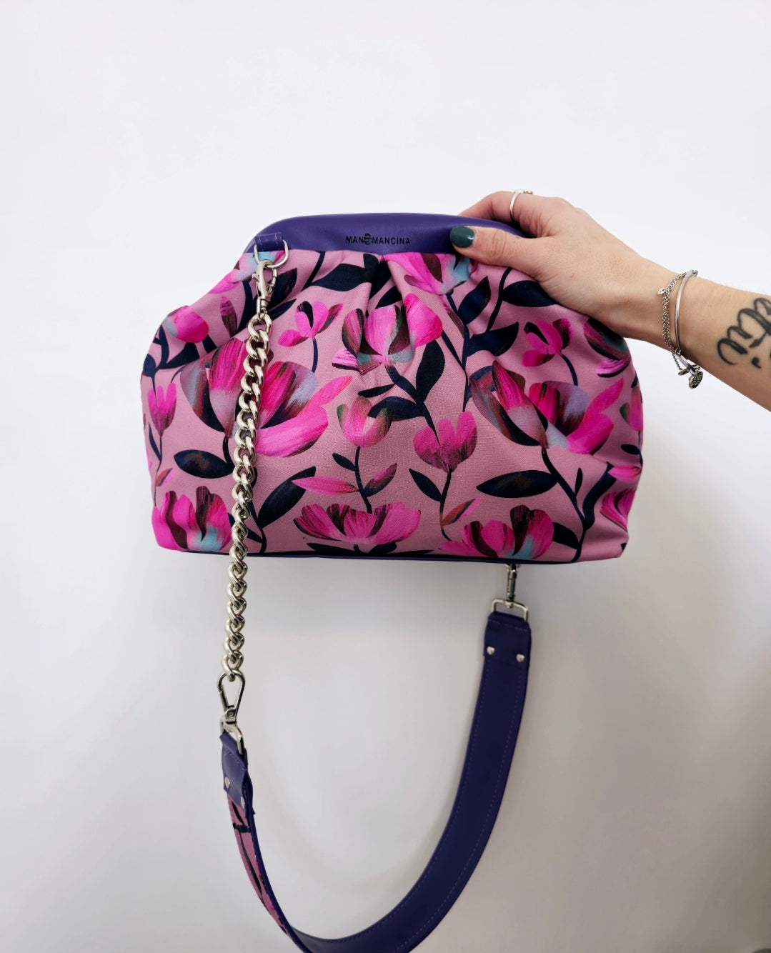 BORSA CLIC CLAC viola / flowers fucsia