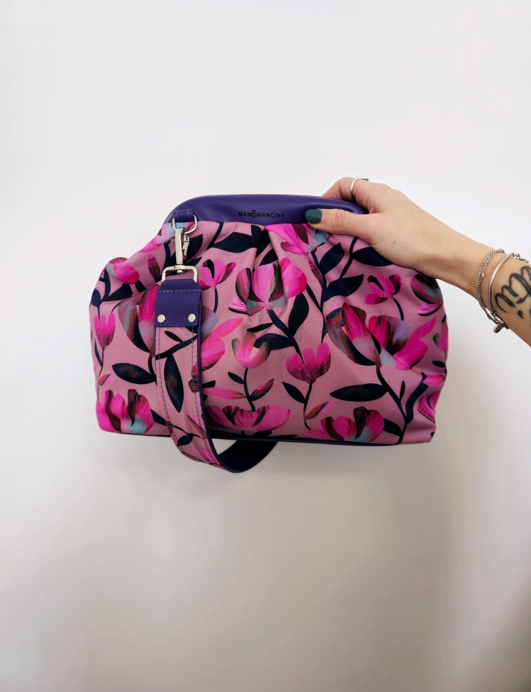 BORSA CLIC CLAC viola / flowers fucsia