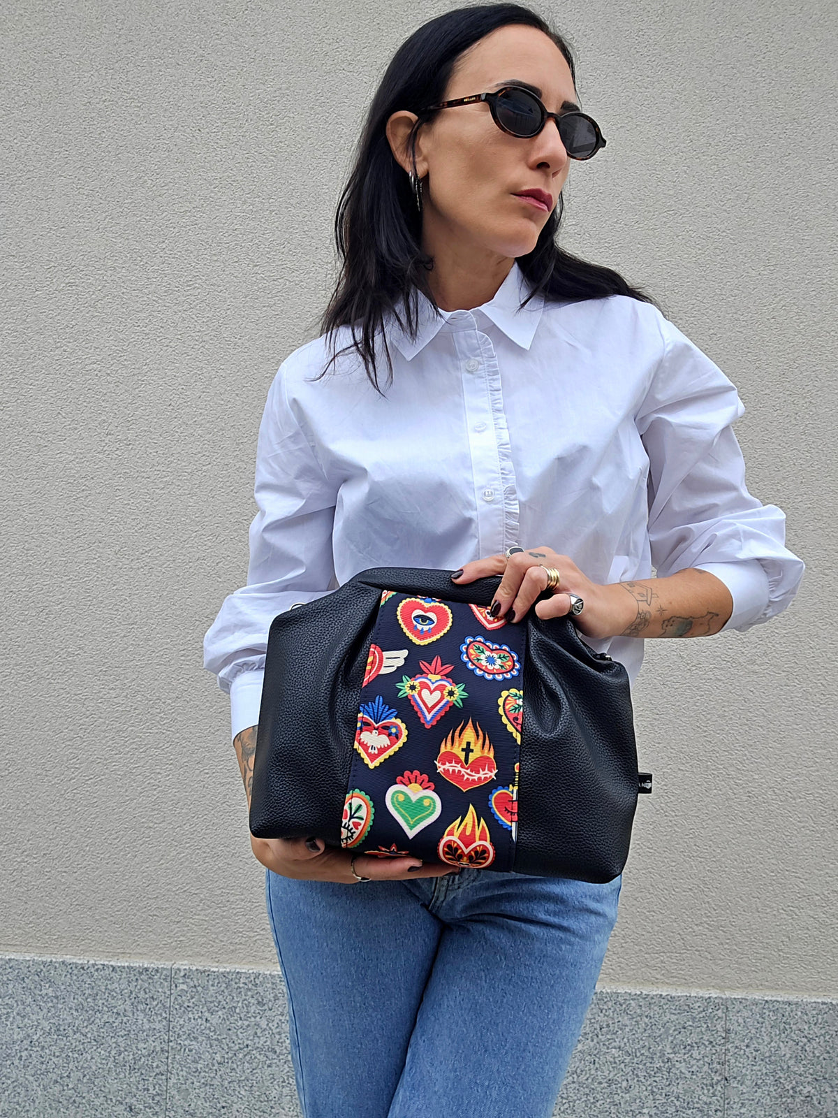 BORSA CLIC CLAC tracolla regolabile nero/ex voto multicolor