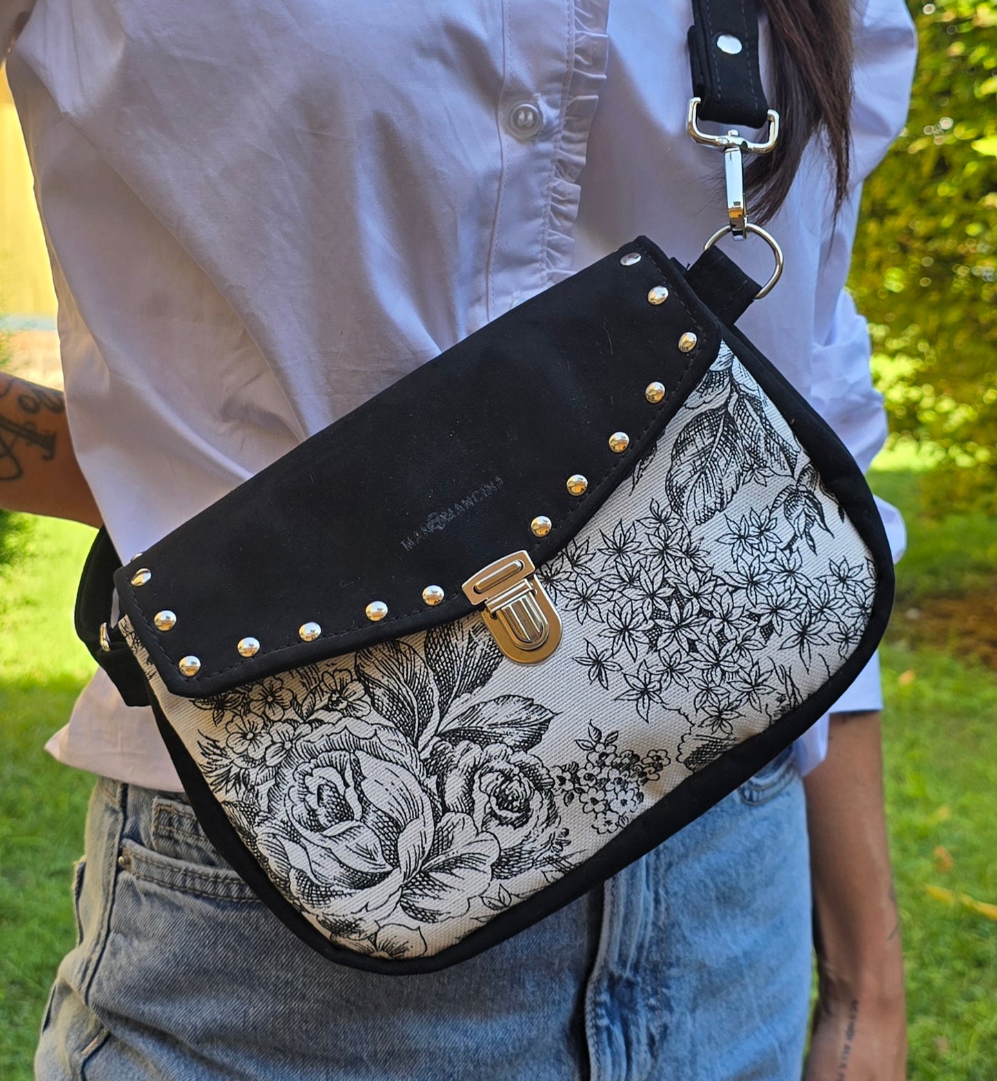 MARSUPIELLO large similsuede nero/toile de jouy