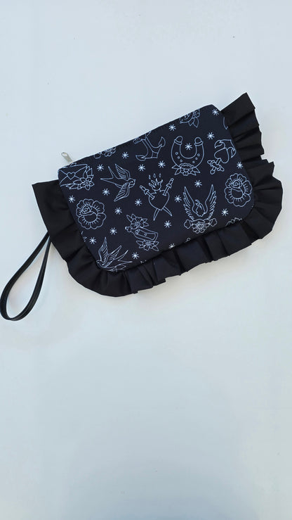 "MIRTA" pochette con rouches TATTOO BLACK