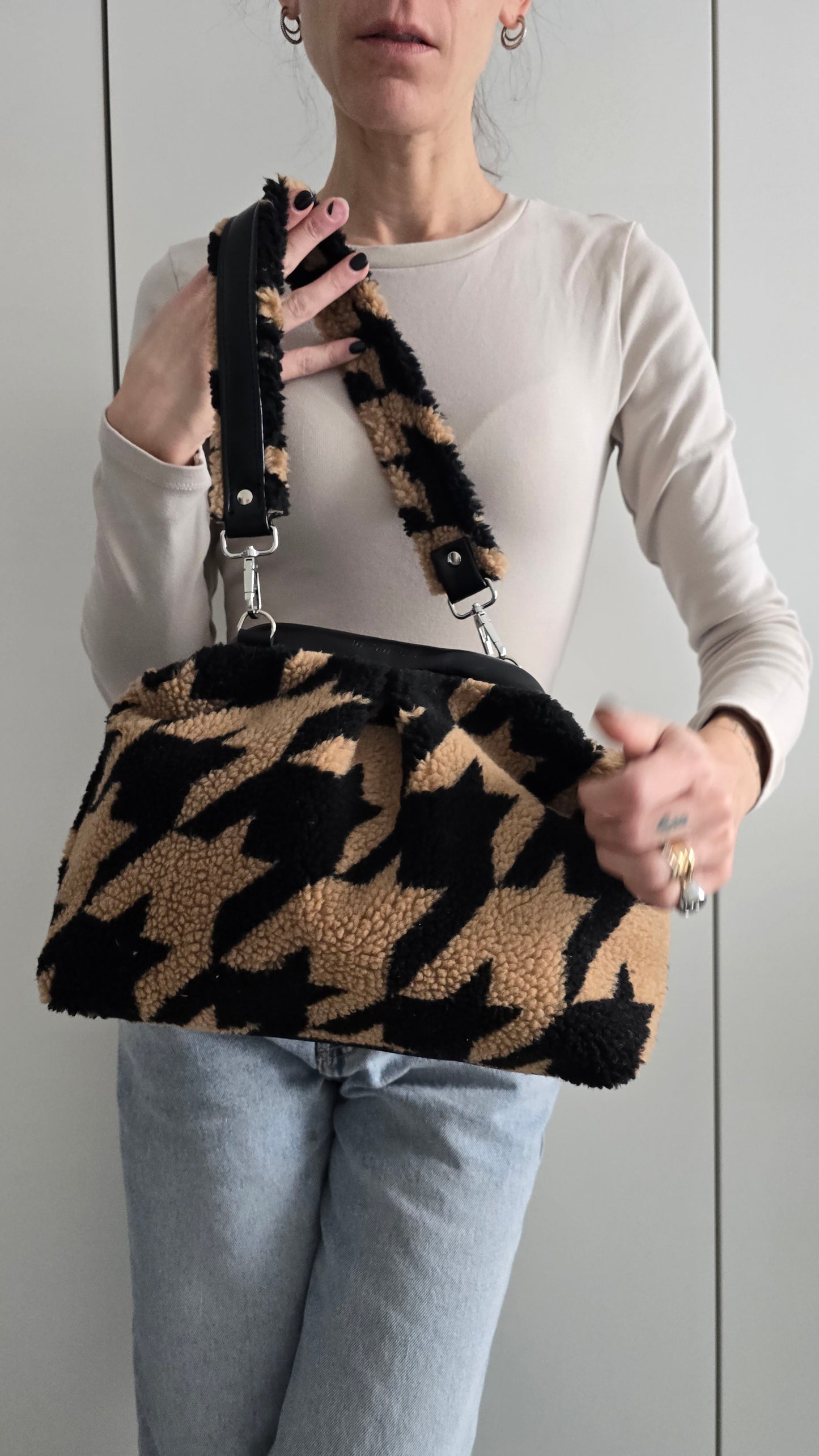 BORSA CLIC CLAC TEDDY pied de poule CAMMELLO/NERO