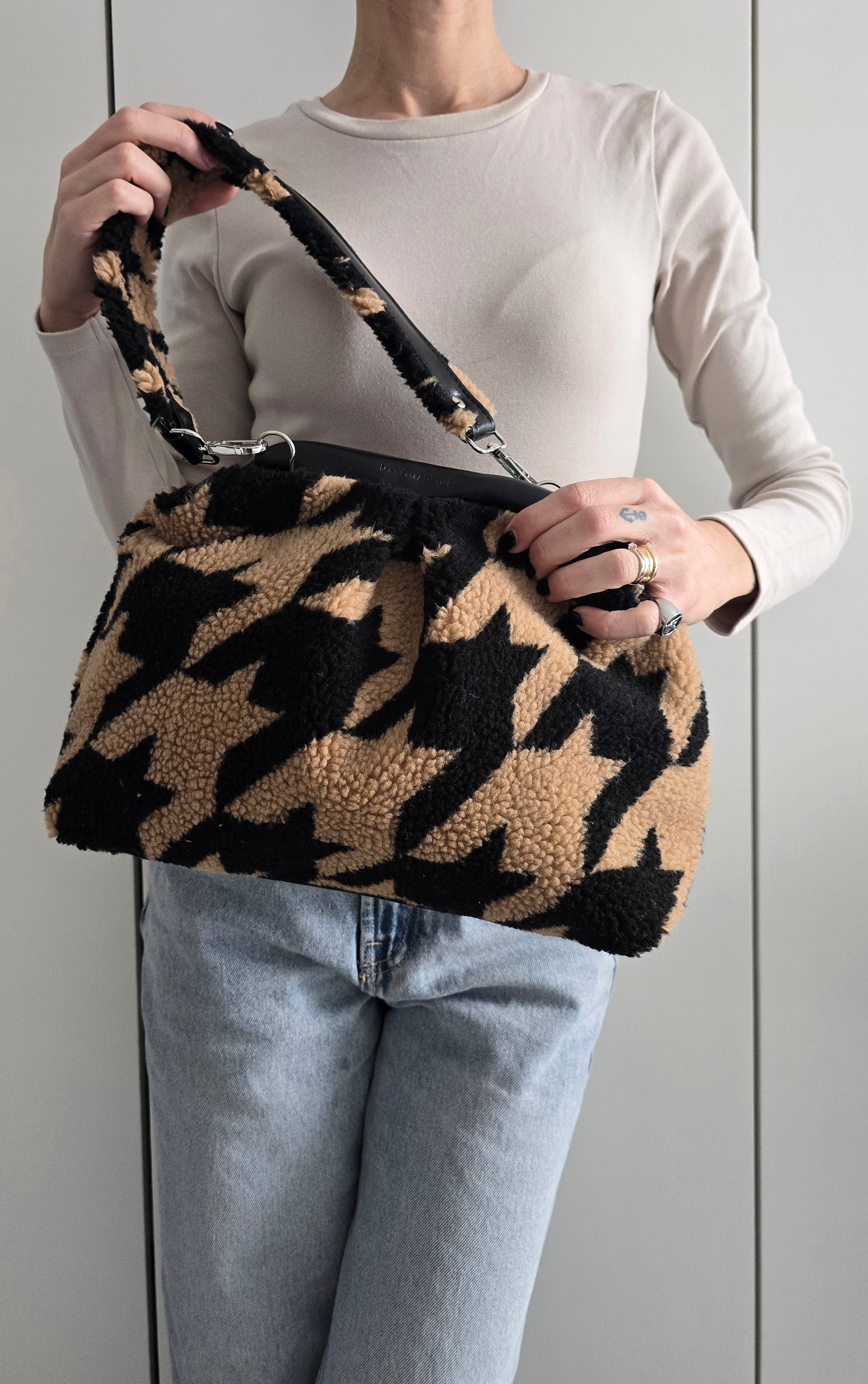 BORSA CLIC CLAC TEDDY pied de poule CAMMELLO/NERO