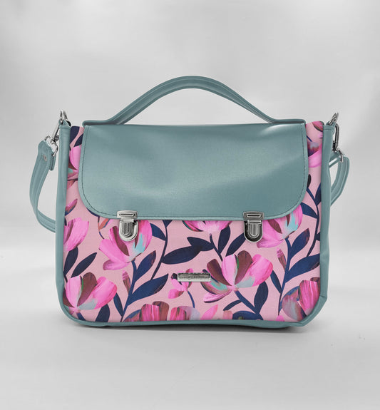 "DOTTY" VEGAN midi SIMILPELLE verde pastello/fiori fucsia