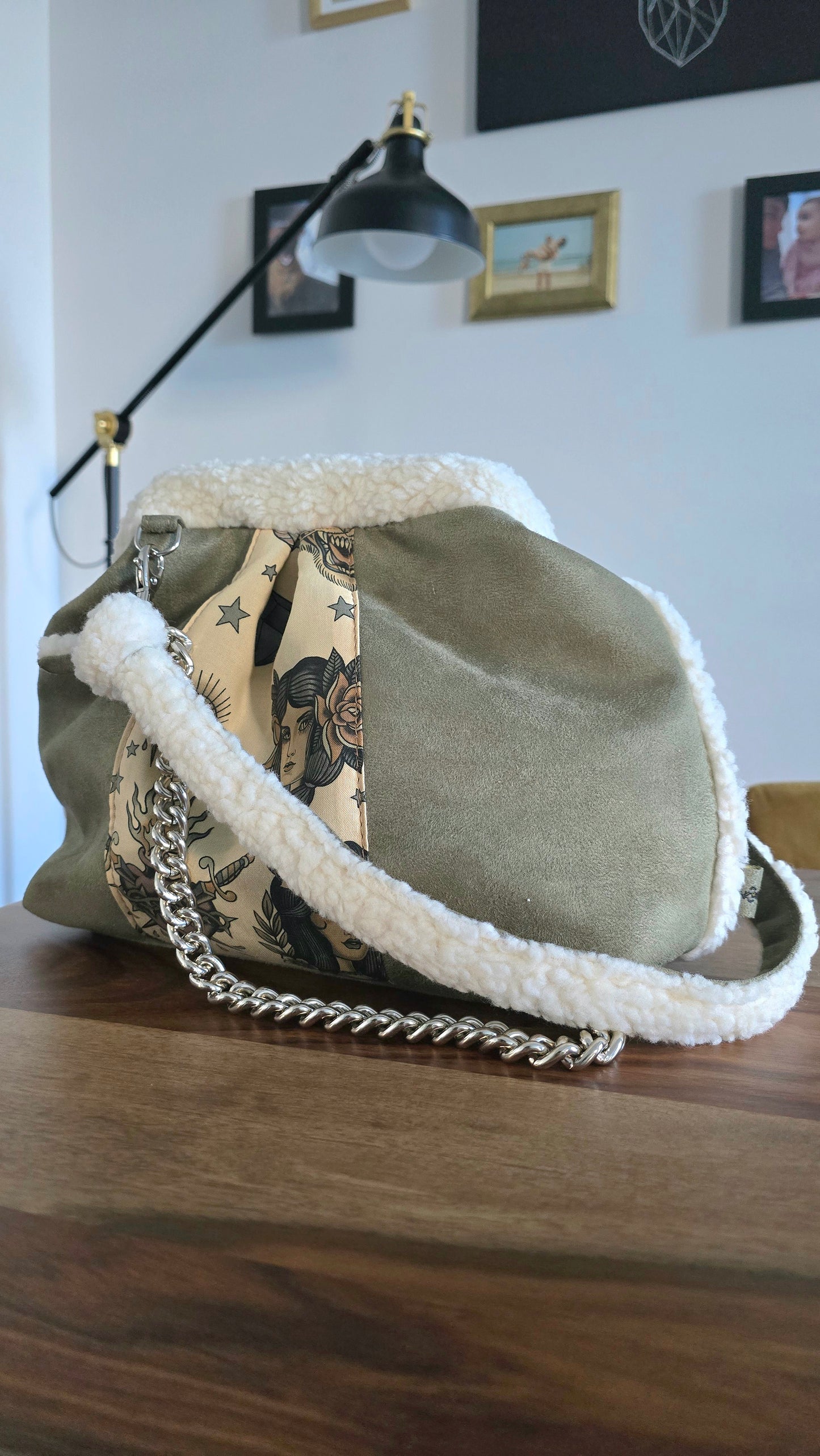 BORSA CLIC CLAC- simil suede/montone verde militare tattoo