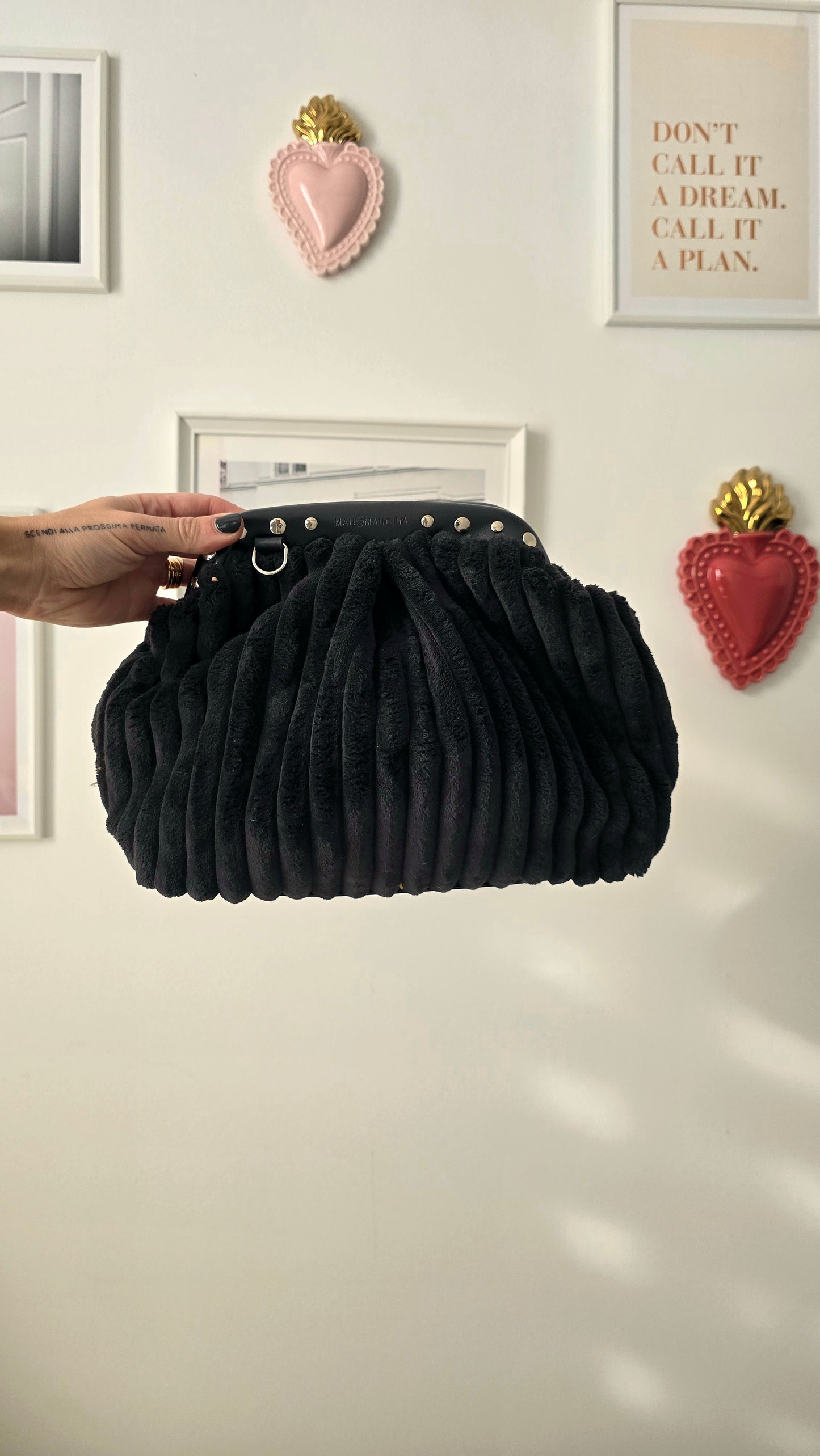 BORSA CLIC CLAC VELLUTO COSTONI nero/borchie