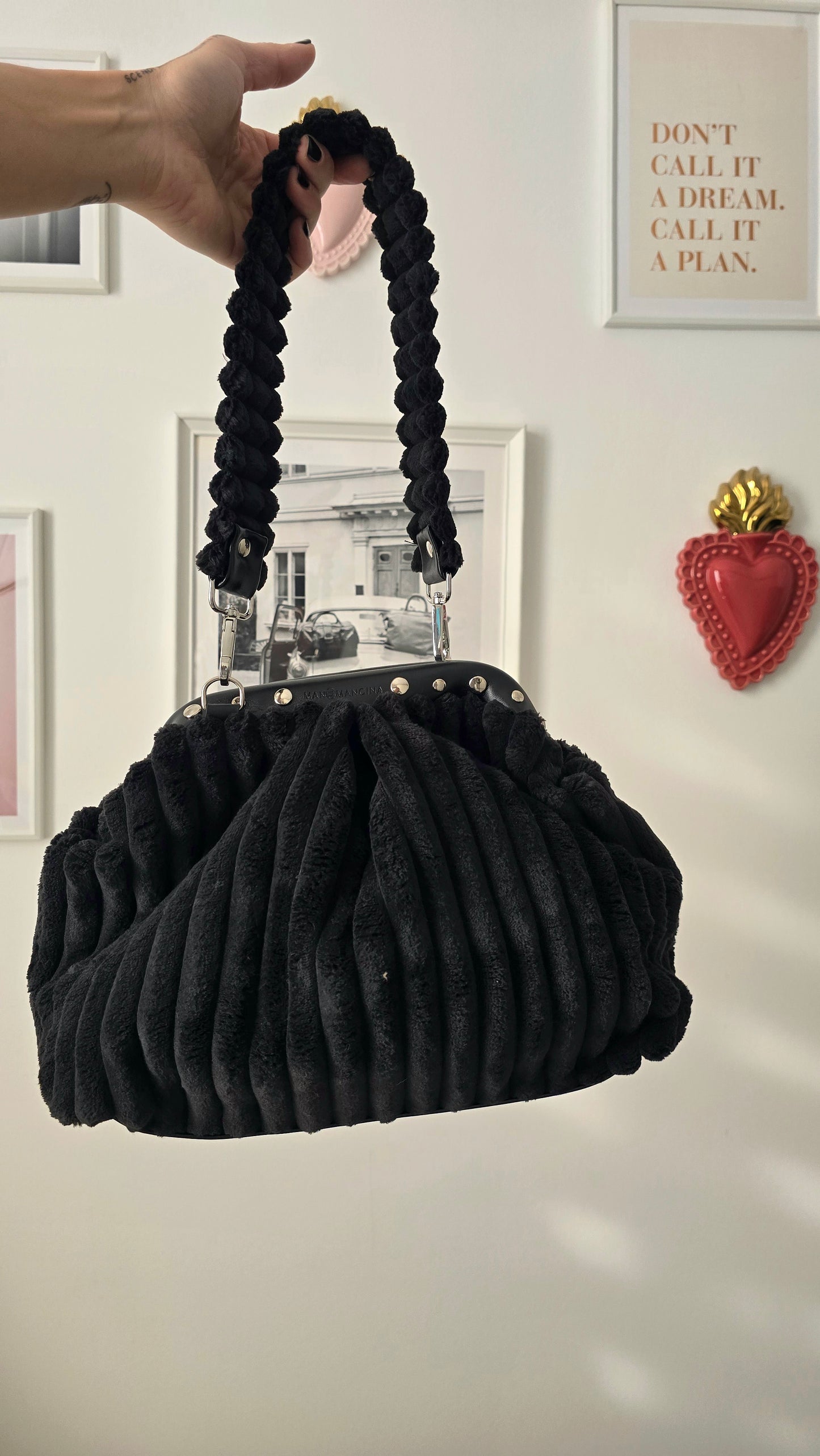 BORSA CLIC CLAC VELLUTO COSTONI nero/borchie