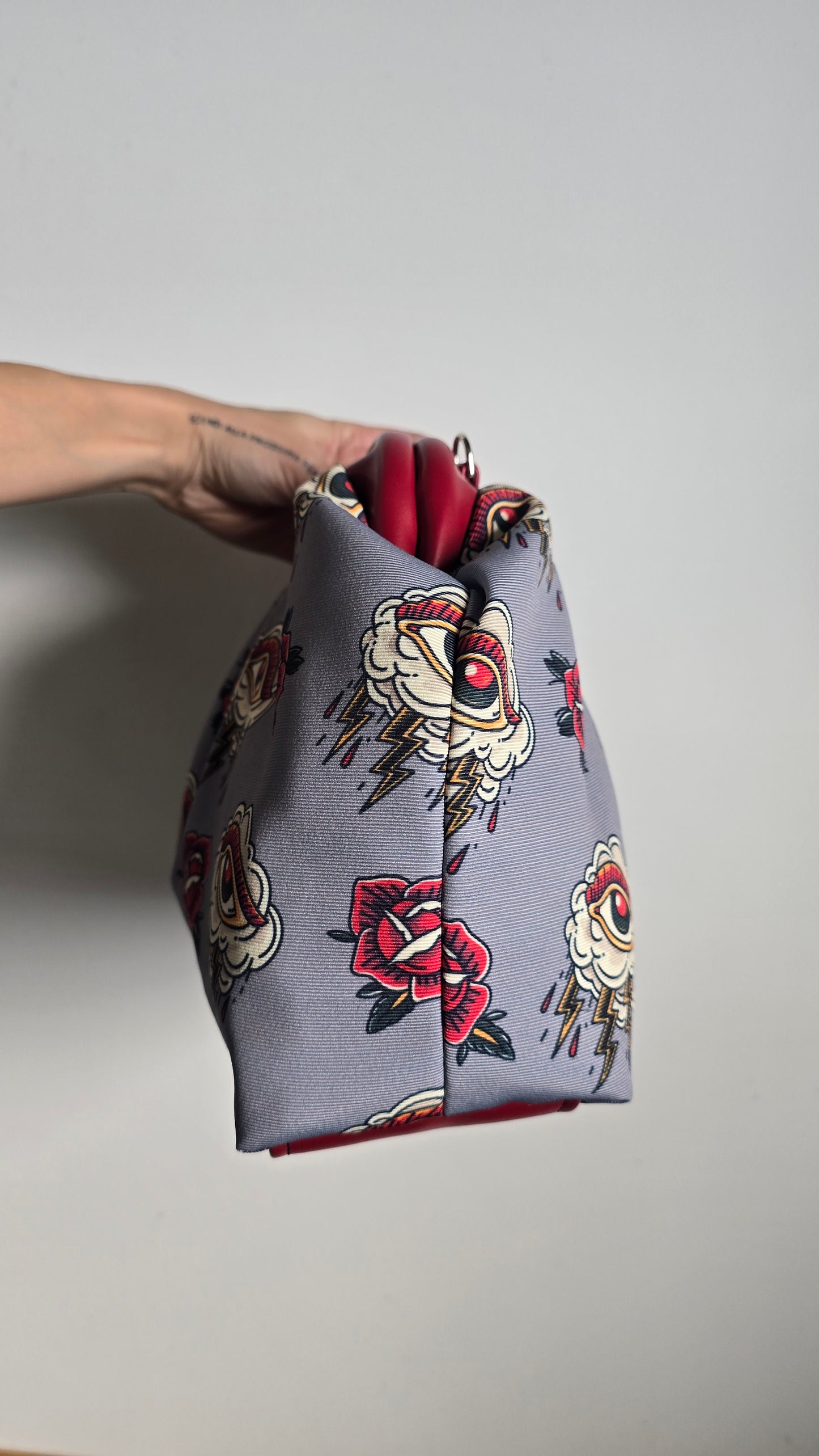 BORSA CLIC CLAC tracolla regolabile bordeaux/tattoo grigio