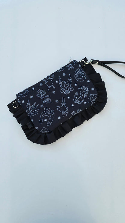 "MIRTA" pochette con rouches TATTOO BLACK