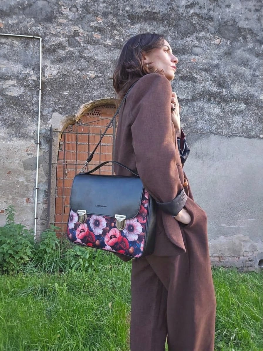 "DOTTY" VEGAN maxi SIMILPELLE nero / fiori bordeaux