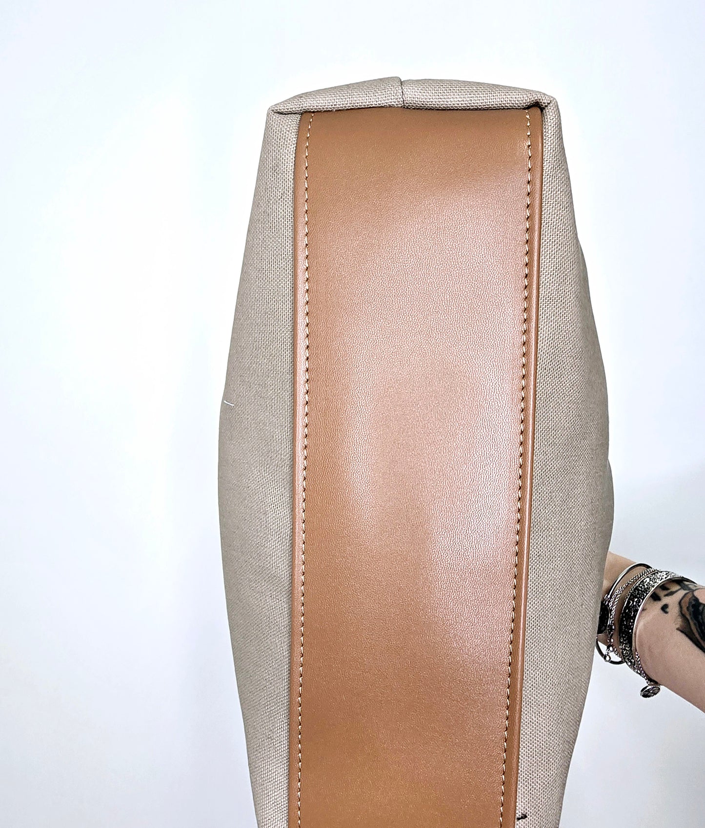 BORSA CLIC CLAC cuoio/borchie/canvas beige