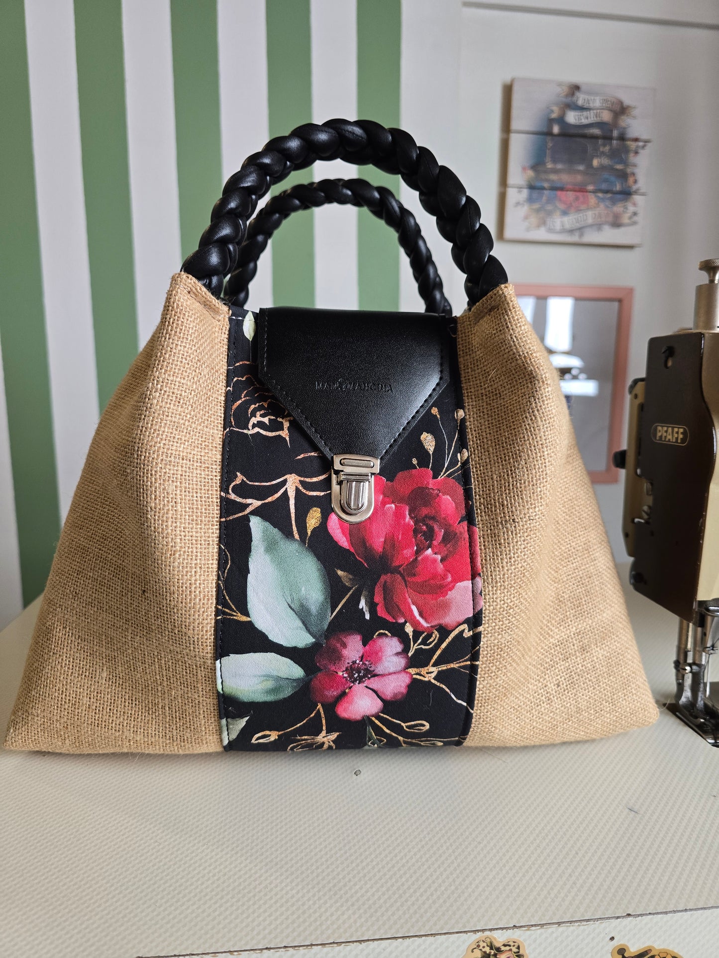 L'ARTIGIANA - juta/fiori manici intrecciati nero