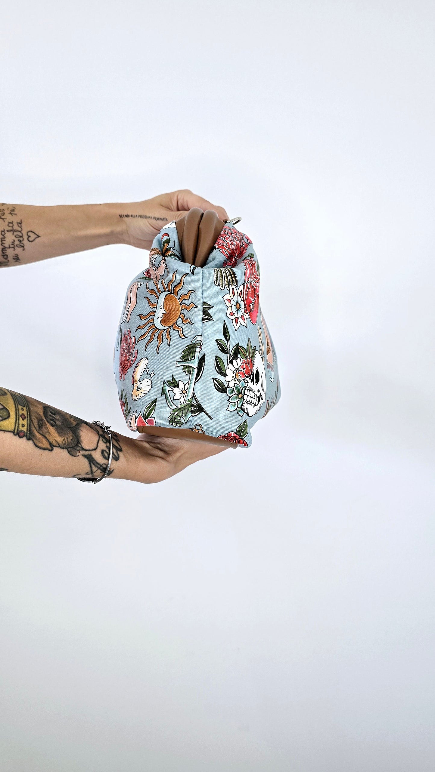 BORSA CLIC CLAC tracolla regolabile cuoio/tell tale azzurro