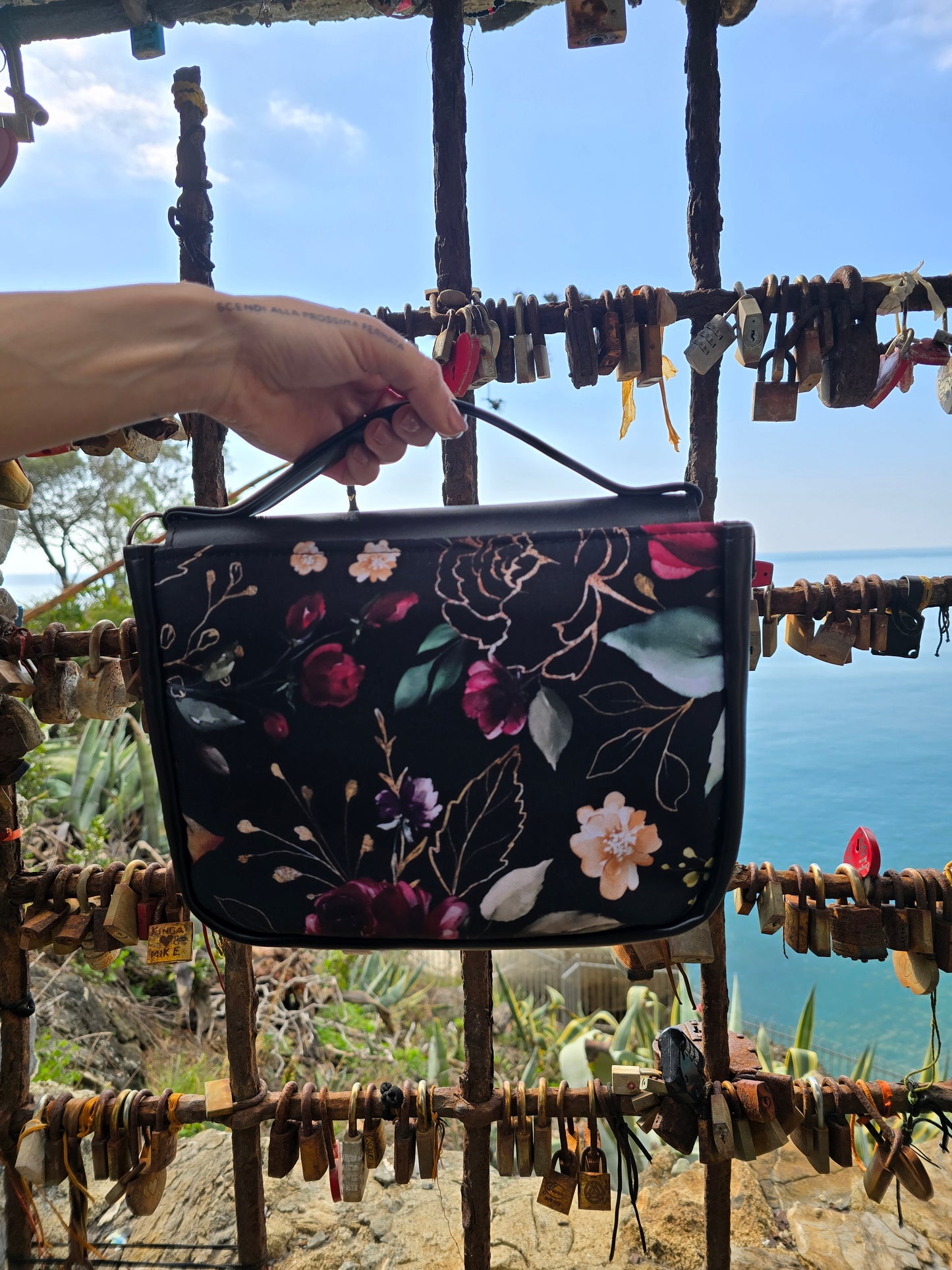 "DOTTY" VEGAN mini SIMILPELLE nero / flower nero bordeaux