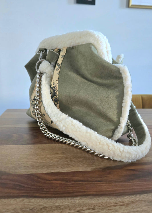 BORSA CLIC CLAC- simil suede/montone verde militare tattoo