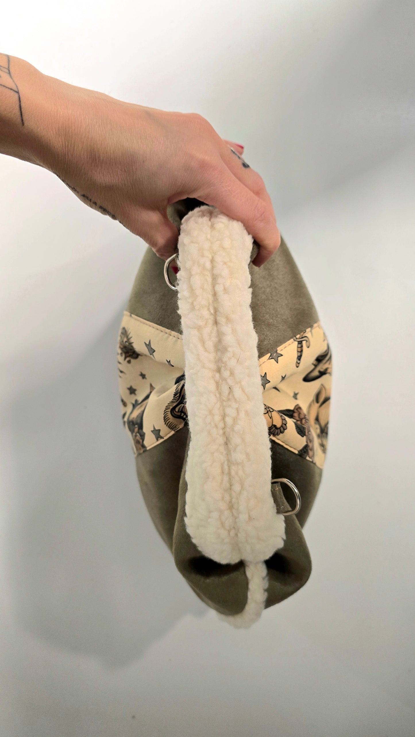 BORSA CLIC CLAC- simil suede/montone verde militare tattoo