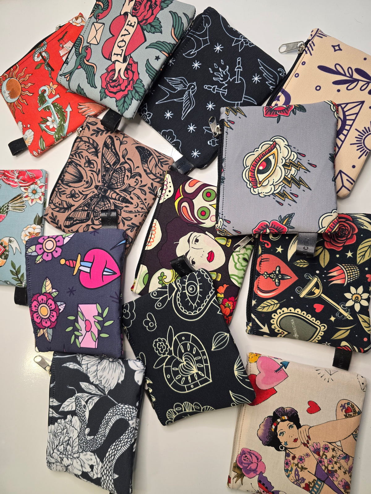 POCHETTE COMPACT | PORTA CARTE E MONETE | tutte le fantasie con tatuaggi/disegni old school