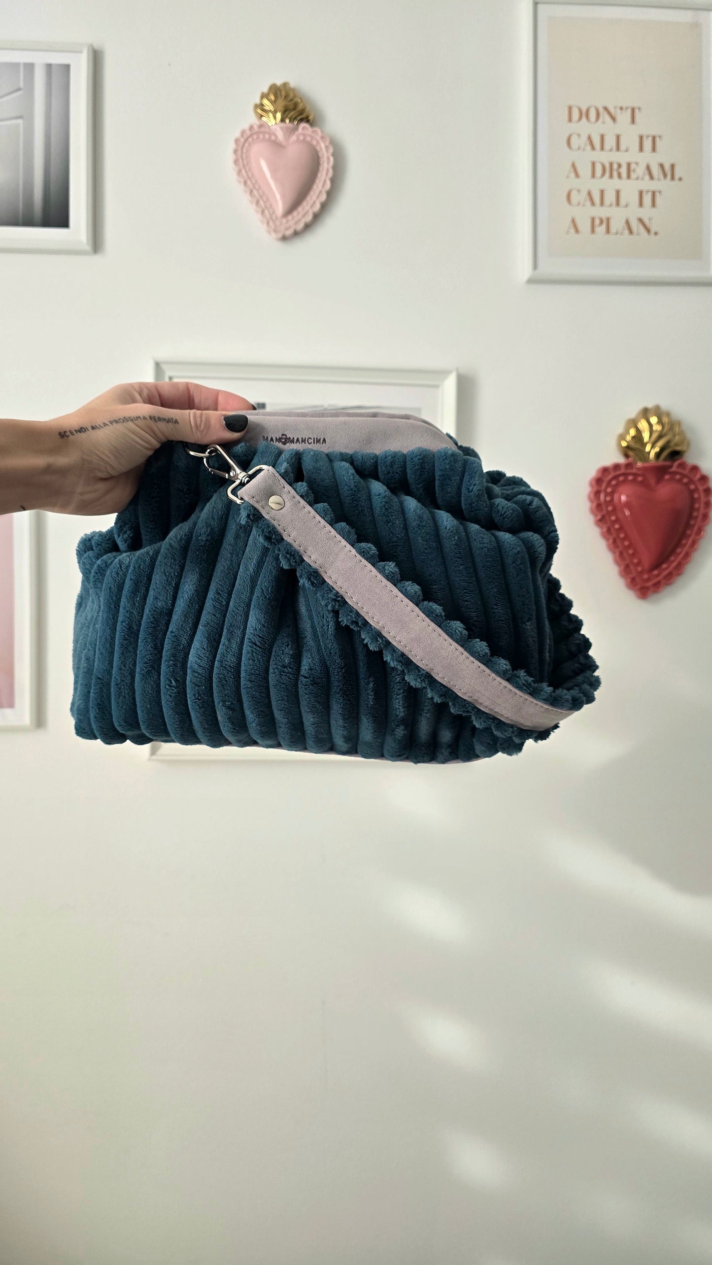 BORSA CLIC CLAC VELLUTO COSTONI ottanio/grigio suede