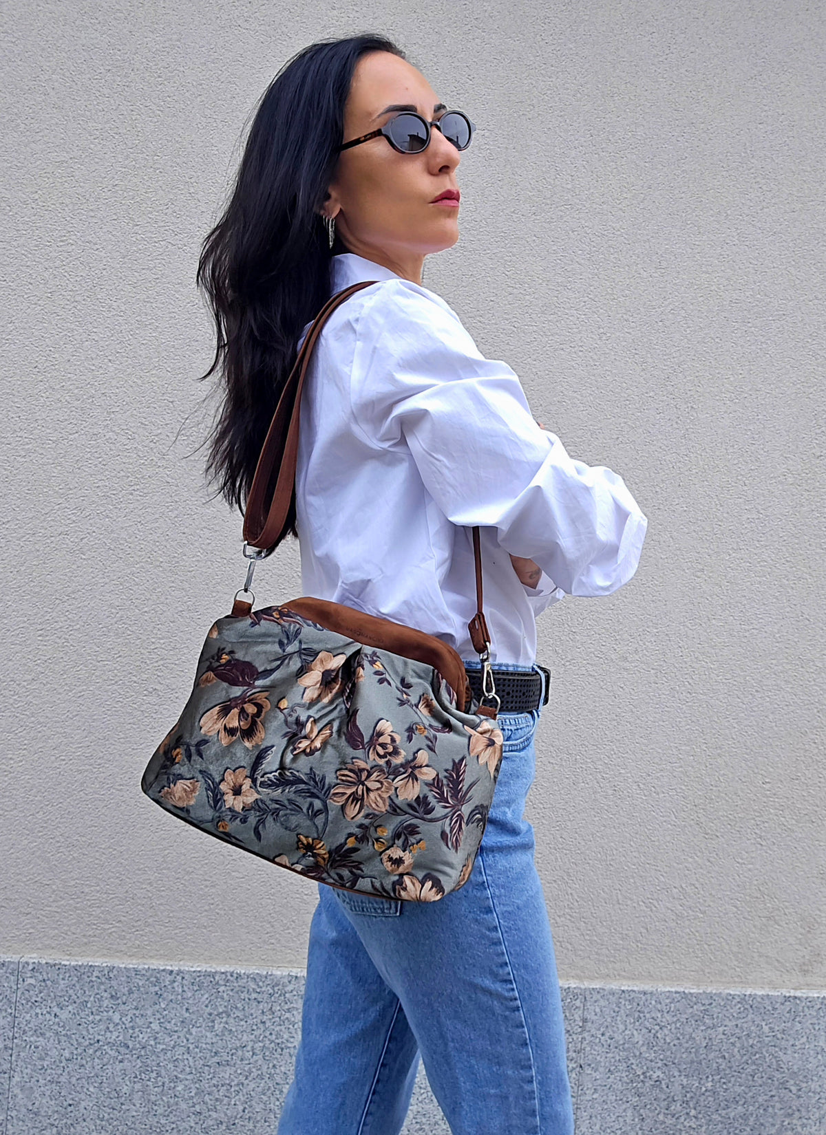BORSA CLIC CLAC tracolla regolabile caffè/velluto fantasia fiori verde militare