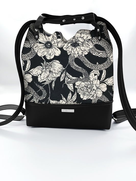 BORSA/ZAINO "BETTA" 2 IN 1 - NERO / fiori serpenti