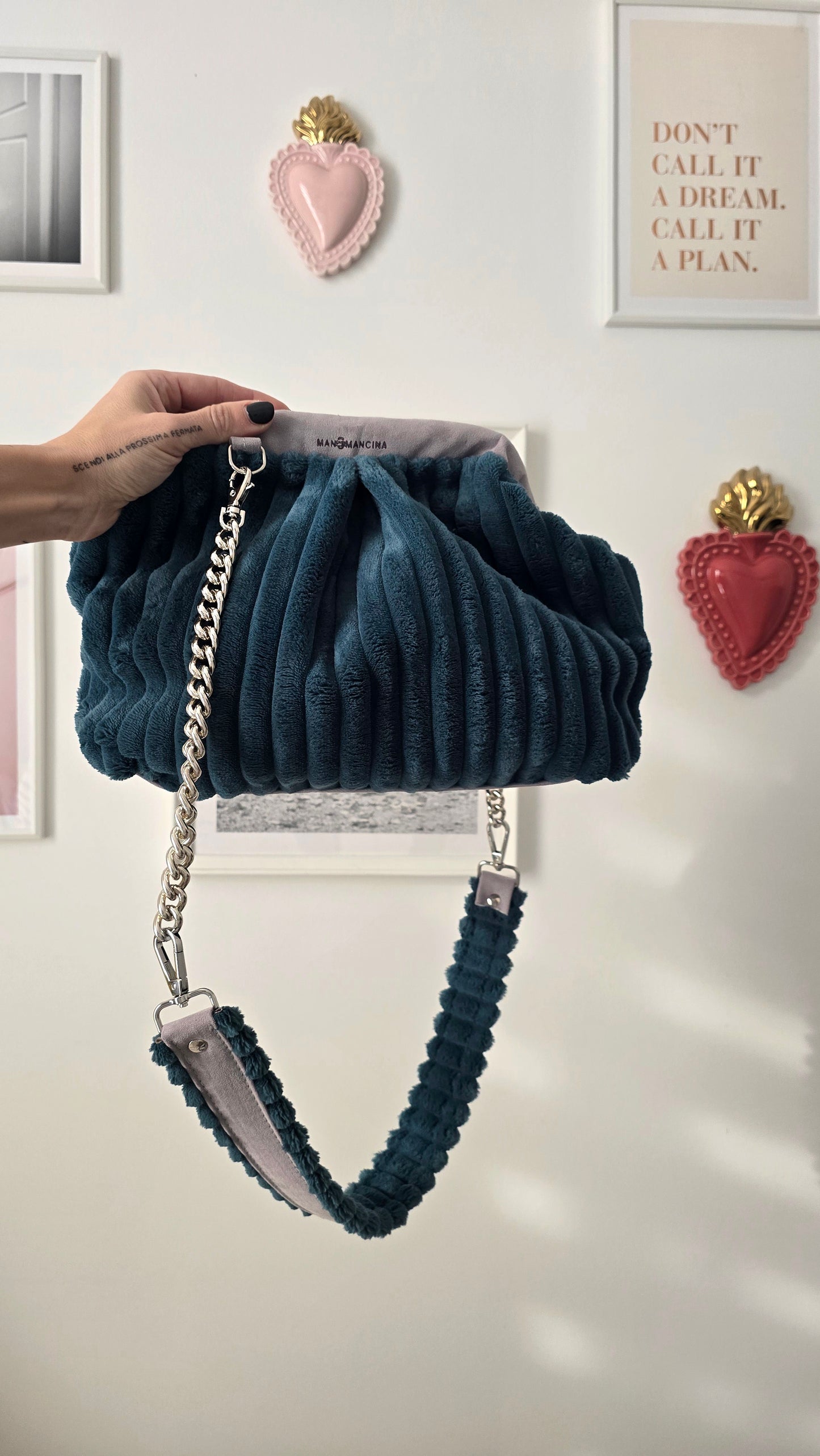 BORSA CLIC CLAC VELLUTO COSTONI ottanio/grigio suede