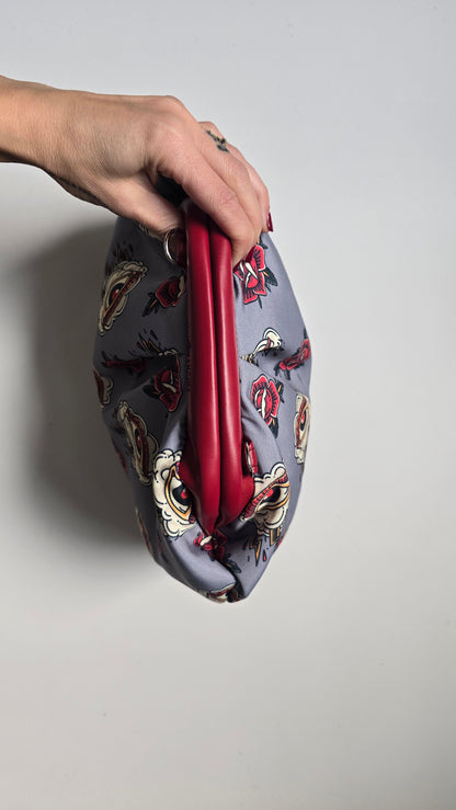 BORSA CLIC CLAC tracolla regolabile bordeaux/tattoo grigio