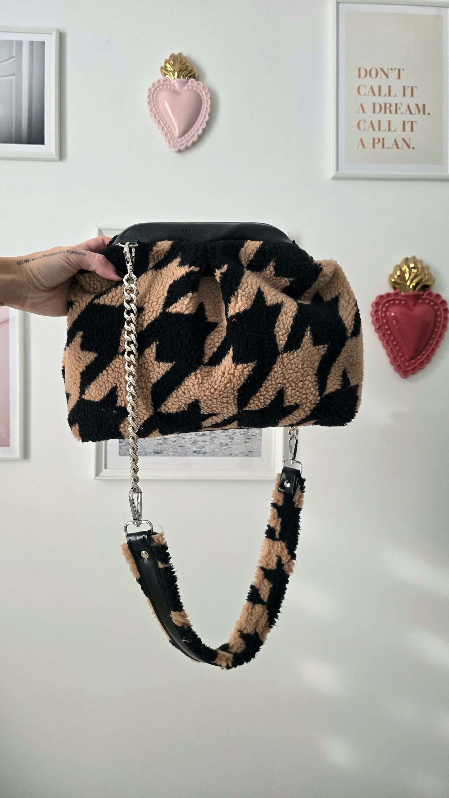 BORSA CLIC CLAC TEDDY pied de poule CAMMELLO/NERO