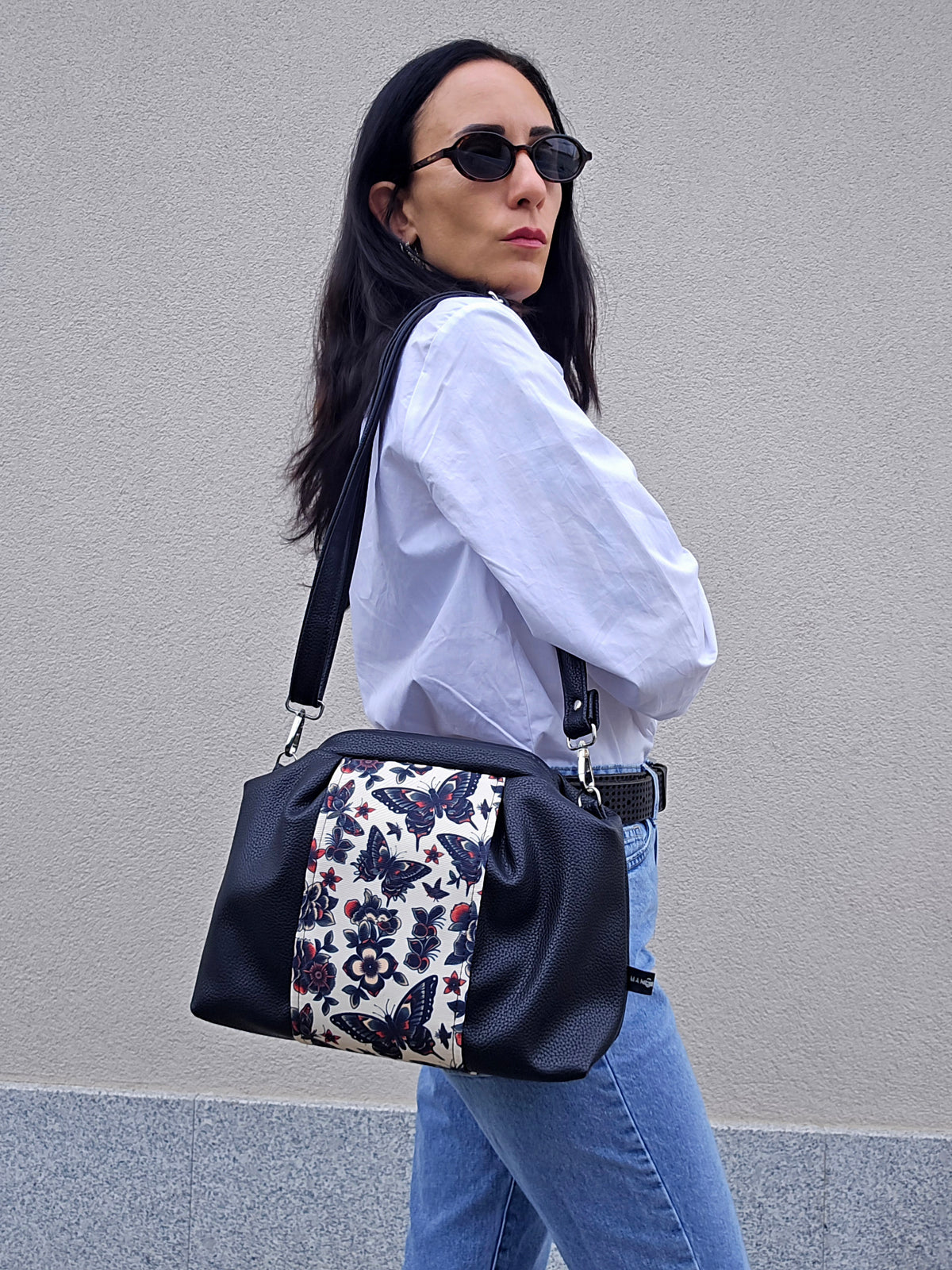 BORSA CLIC CLAC tracolla regolabile nero/ farfalle