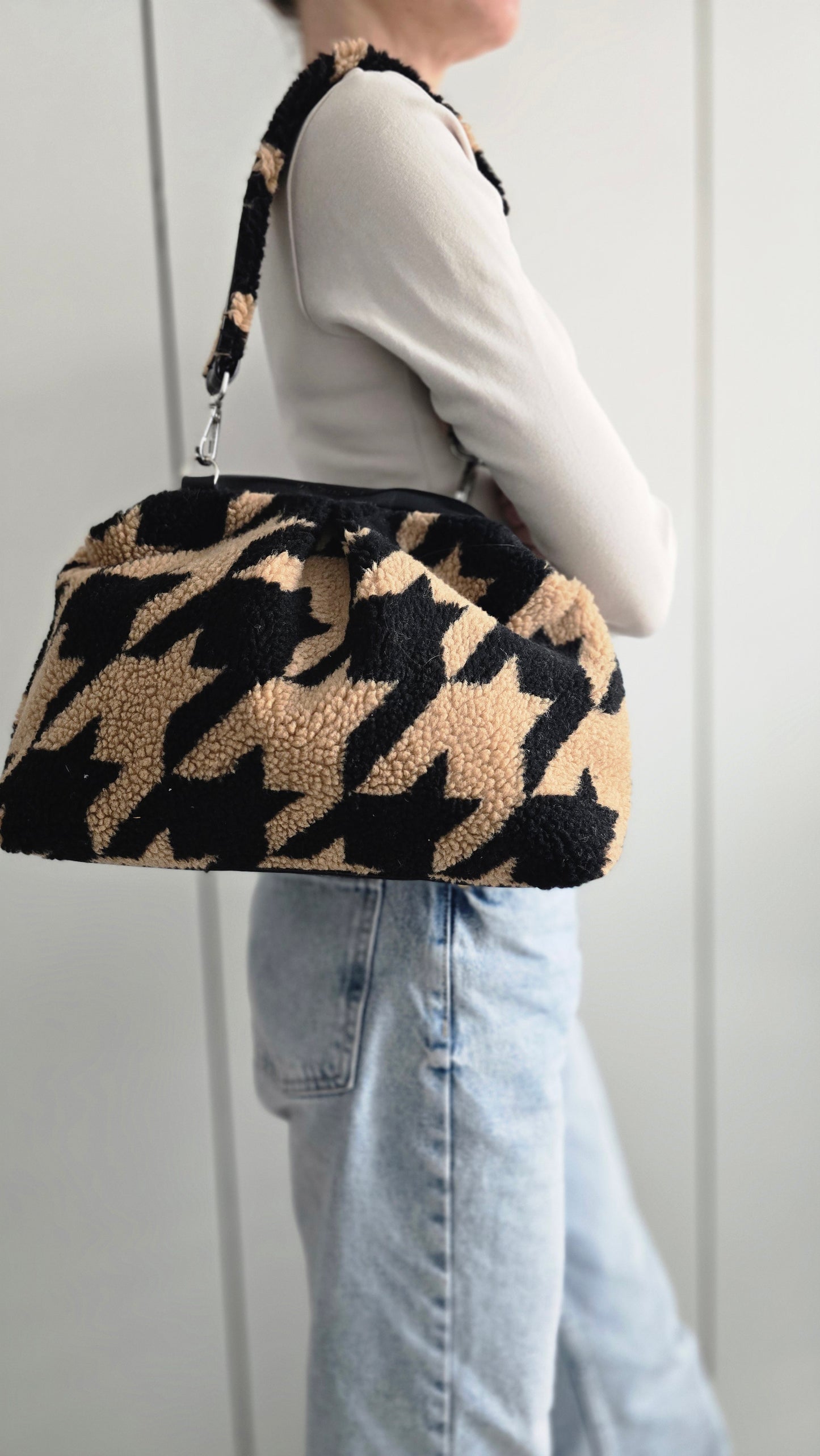 BORSA CLIC CLAC TEDDY pied de poule CAMMELLO/NERO