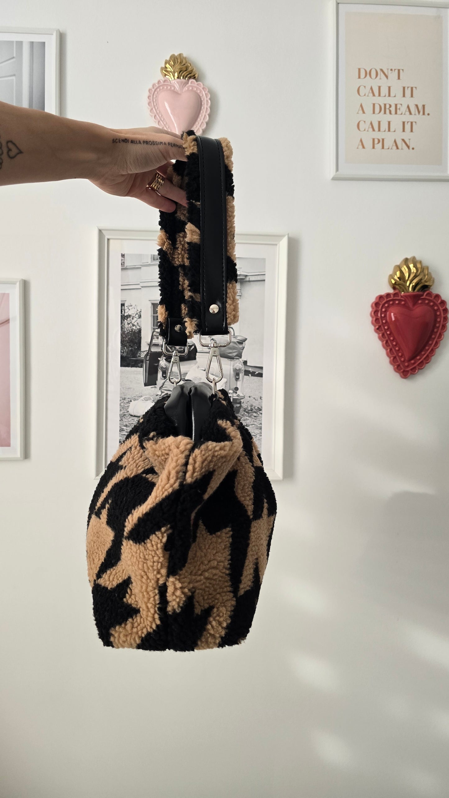 BORSA CLIC CLAC TEDDY pied de poule CAMMELLO/NERO