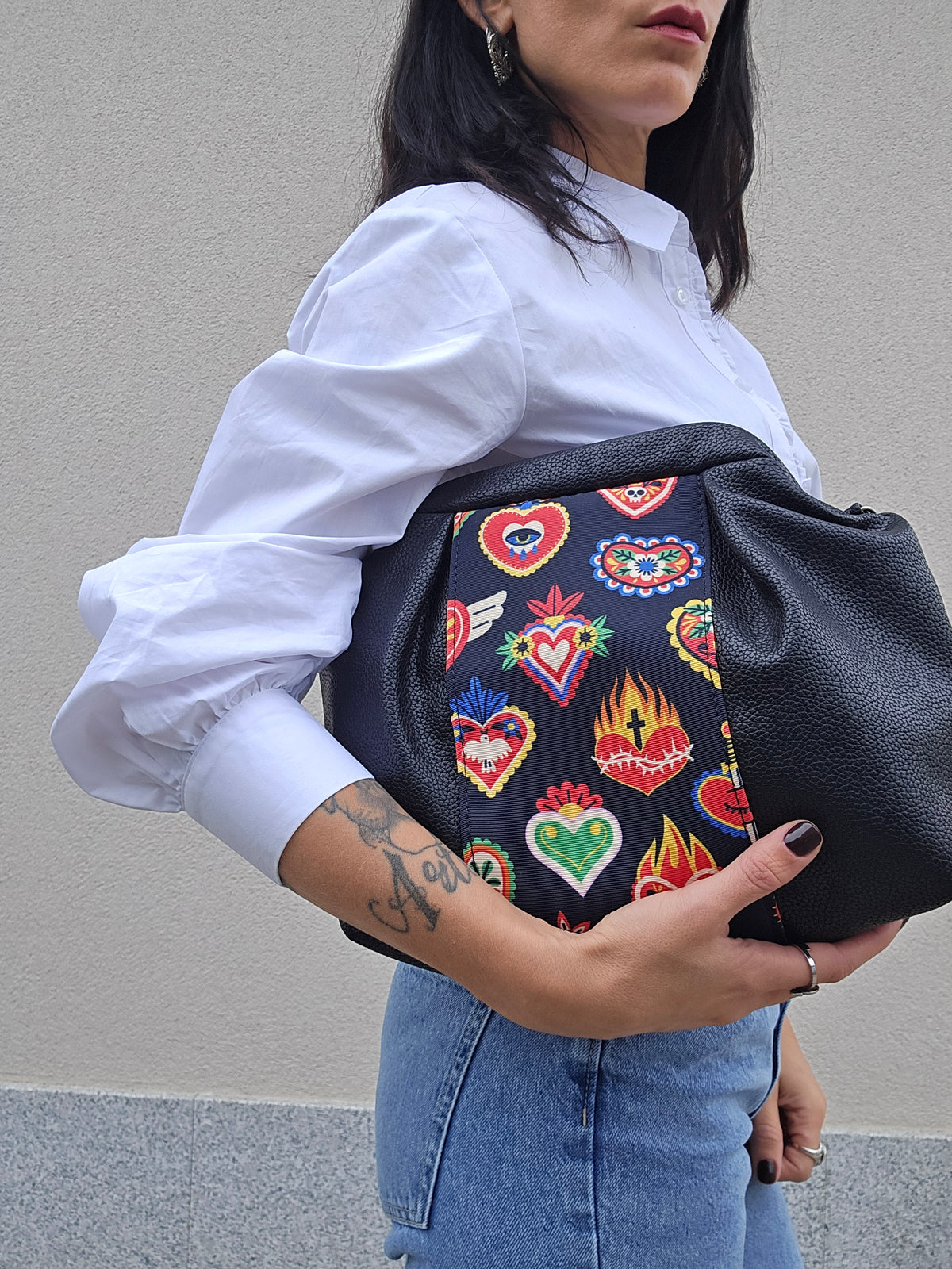 BORSA CLIC CLAC tracolla regolabile nero/ex voto multicolor